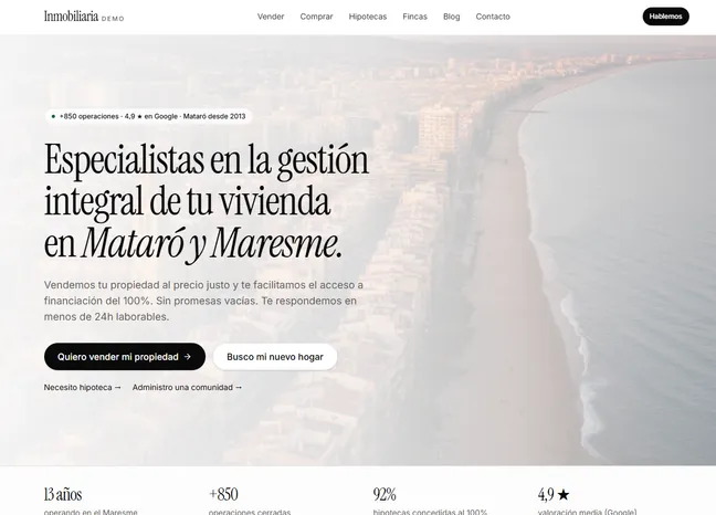 Demo de diseño web para inmobiliaria orientada a captar propietarios y mostrar cartera.