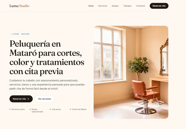 Demo de diseño web para peluquería con presentación de servicios, precios y reservas.