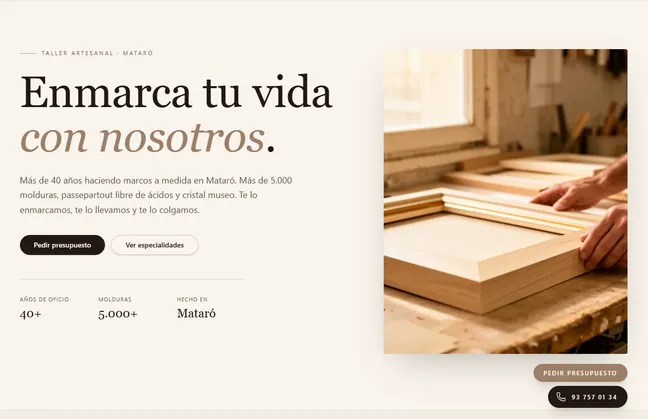 Demo de diseño web para taller artesanal con presentación de productos y encargos personalizados.